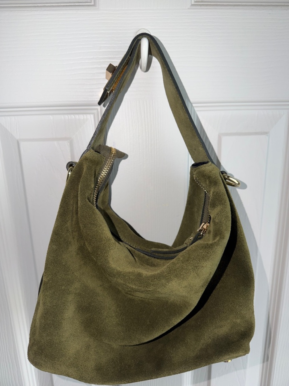 Olive Suede Hobo Bag with Top Zip Closure
